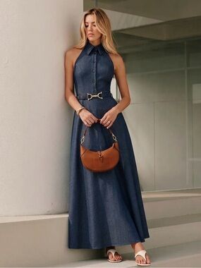 Commense Blue Halter Belted Collared Denim Maxi Dress Large NWT